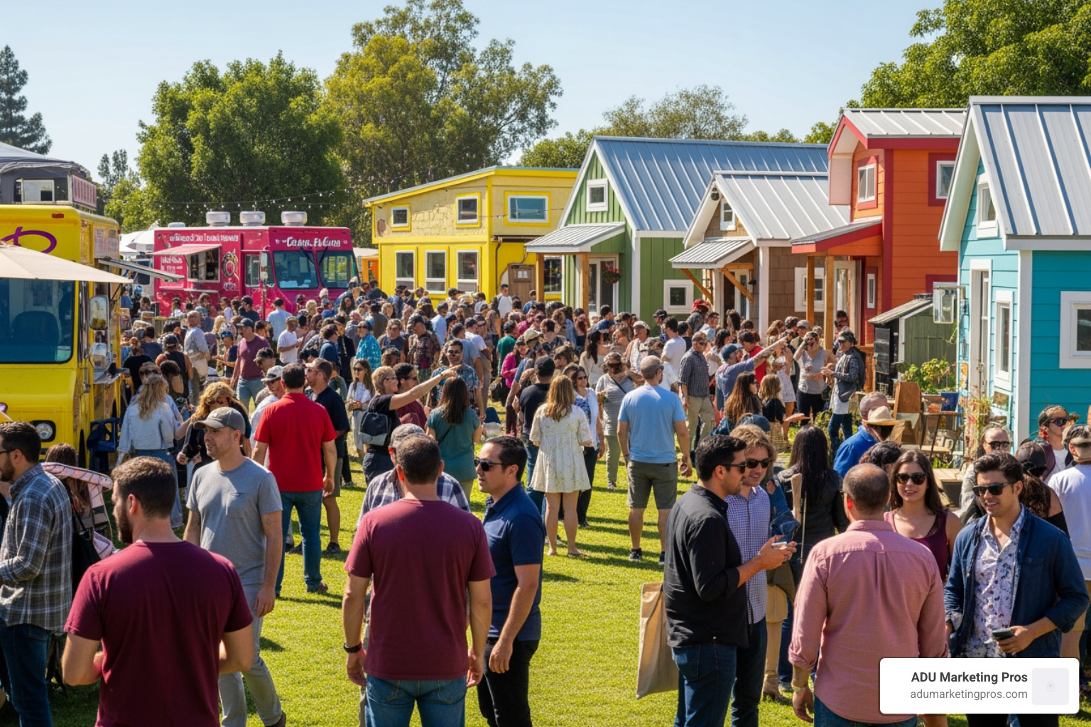 A large crowd of enthusiasts touring a village of diverse tiny houses at an outdoor summer festival - tiny home expo 2025