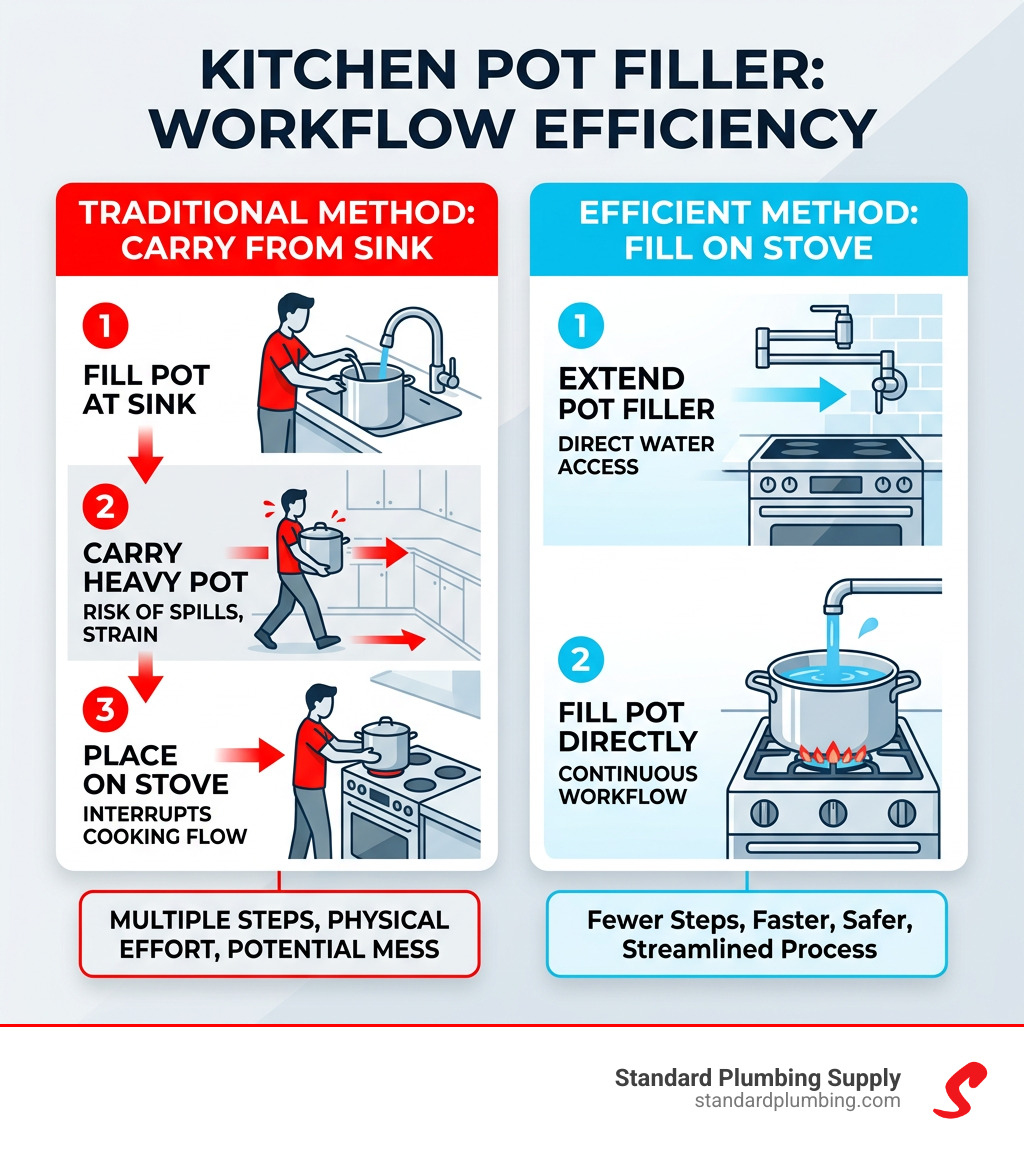Infographic showing workflow efficiency of a kitchen pot filler: fill on stove vs. carry from sink - kitchen pot filler Infographic showing workflow efficiency of a kitchen pot filler: fill on stove vs. carry from sink - kitchen pot filler
