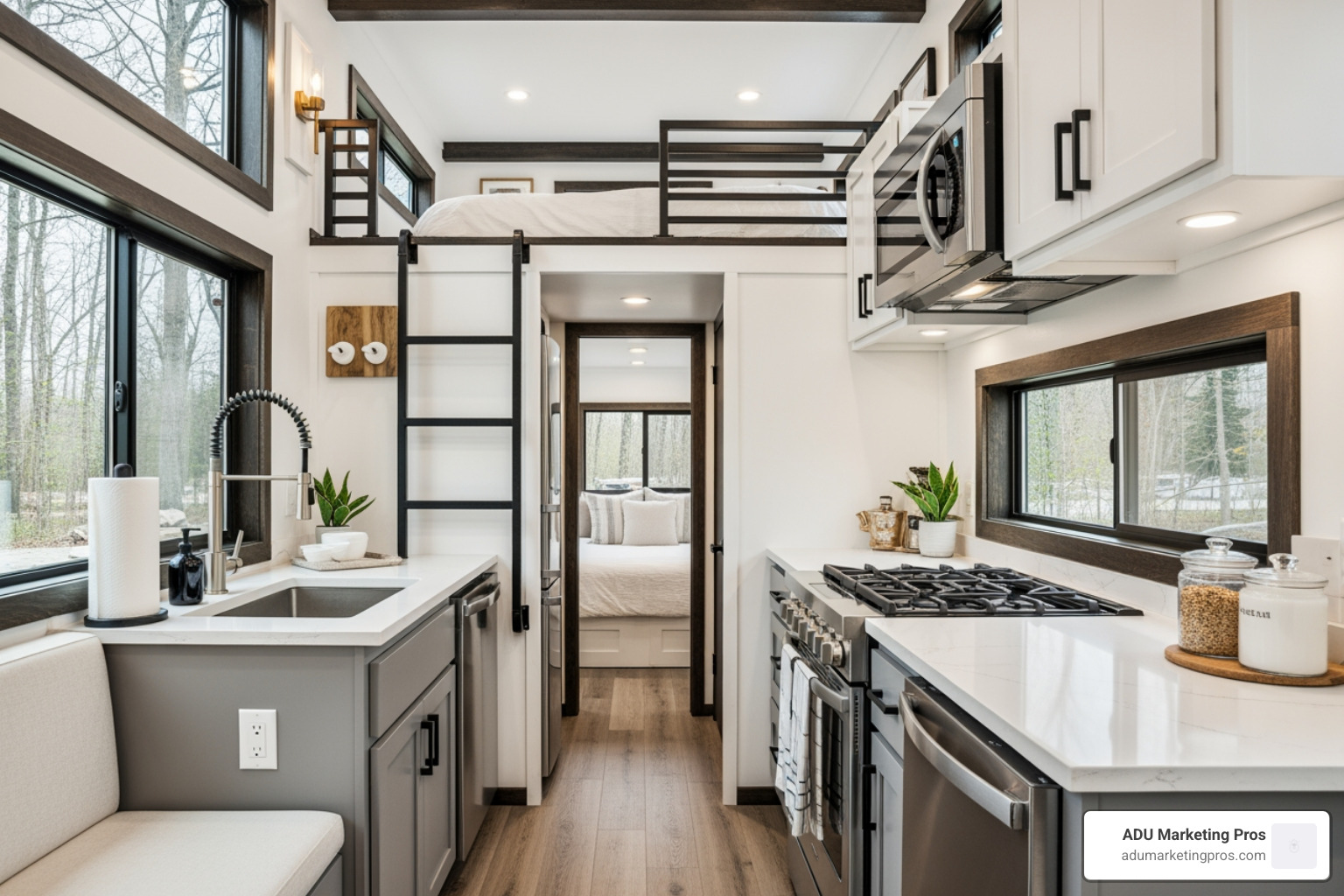 Interior shot of a high-end tiny home featuring a space-saving loft and a modern, minimalist kitchen - tiny home expo 2025