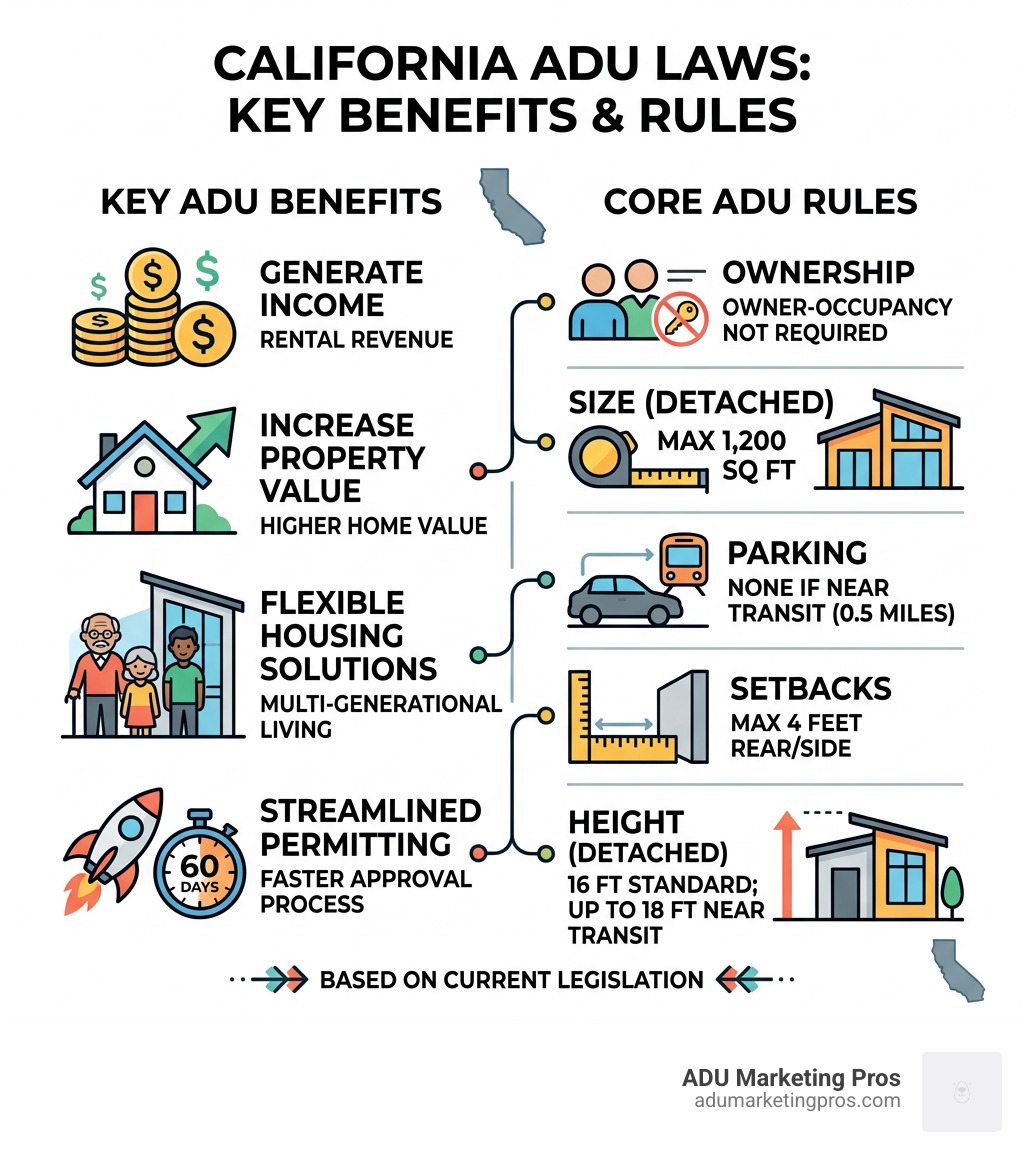 Key ADU laws California benefits and rules overview infographic - ADU laws California infographic 