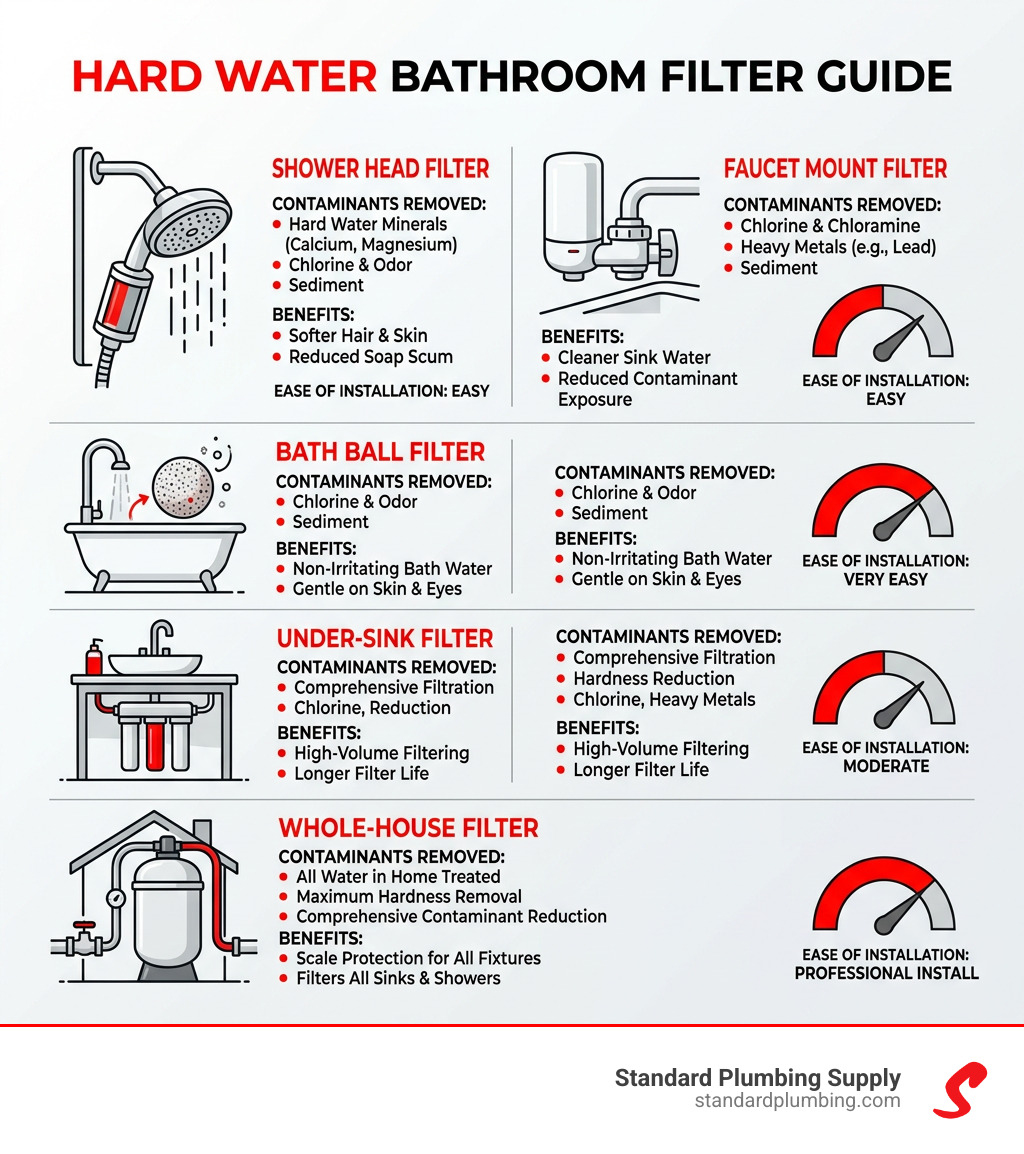 Infographic showing types of hard water bathroom filters, their contaminants removed, and ease of installation - hard water Infographic showing types of hard water bathroom filters, their contaminants removed, and ease of installation - hard water