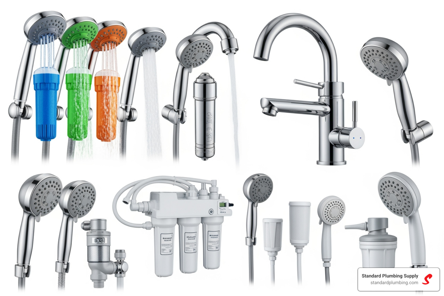A collection of bathroom filtration devices including showerhead filters and faucet mounts - hard water filter for bathroom A collection of bathroom filtration devices including showerhead filters and faucet mounts - hard water filter for bathroom