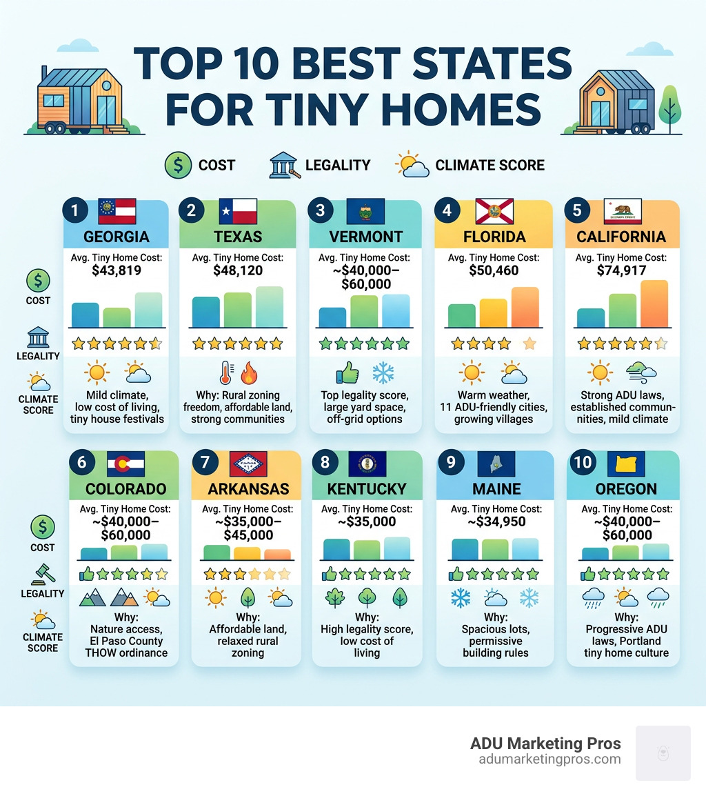 Infographic comparing top 10 best states for tiny homes by cost, legality, and climate score - best states for tiny homes Infographic comparing top 10 best states for tiny homes by cost, legality, and climate score - best states for tiny homes