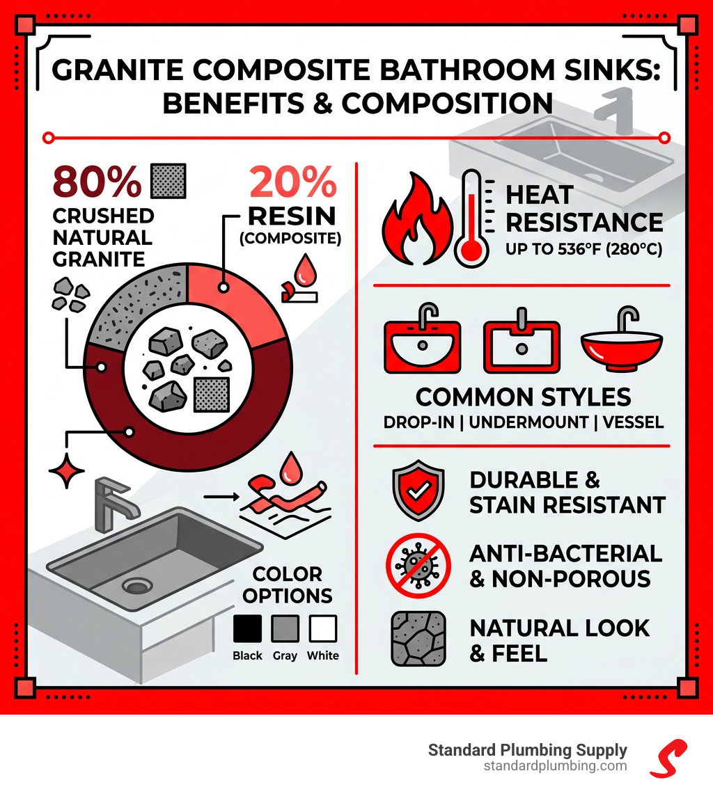 Infographic showing granite composite 80/20 ratio, heat resistance, and key bathroom sink benefits - granite bathroom sink