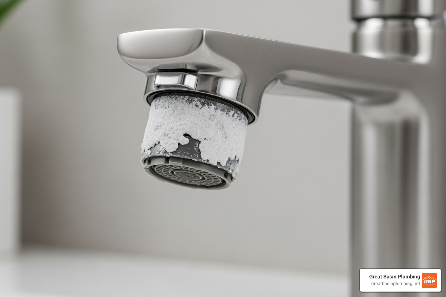 Mineral buildup on a bathroom sink aerator caused by hard water - faucet repair salt lake city