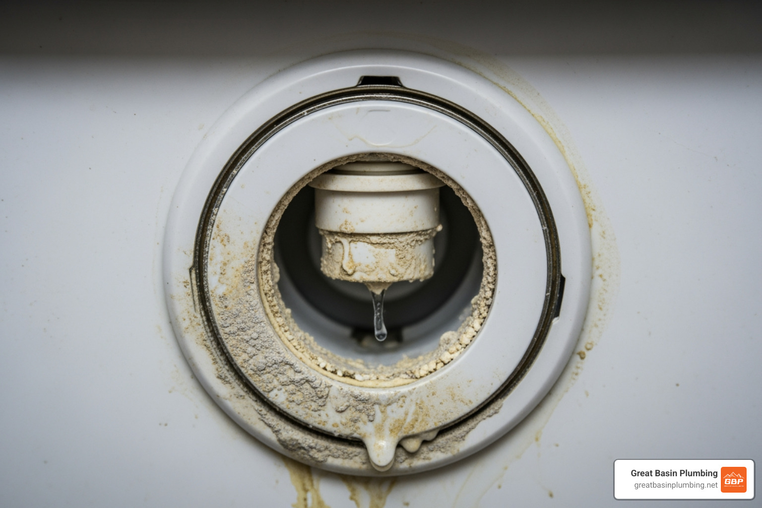 Close up of a leaking flush valve seal with mineral buildup - double flush toilet repair
