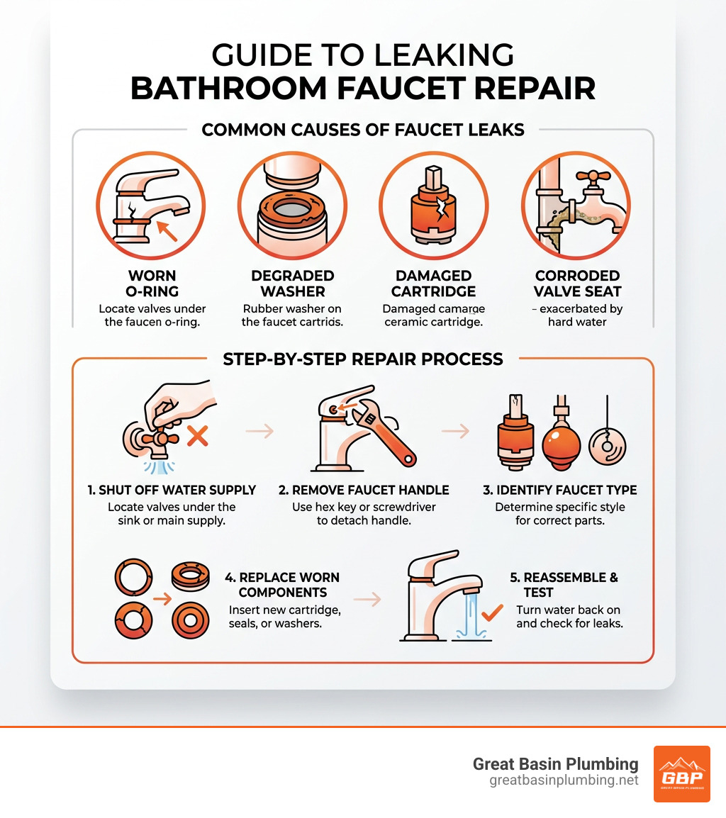 Infographic showing common causes of a leaking bathroom faucet and step-by-step repair process - faucet repair salt lake