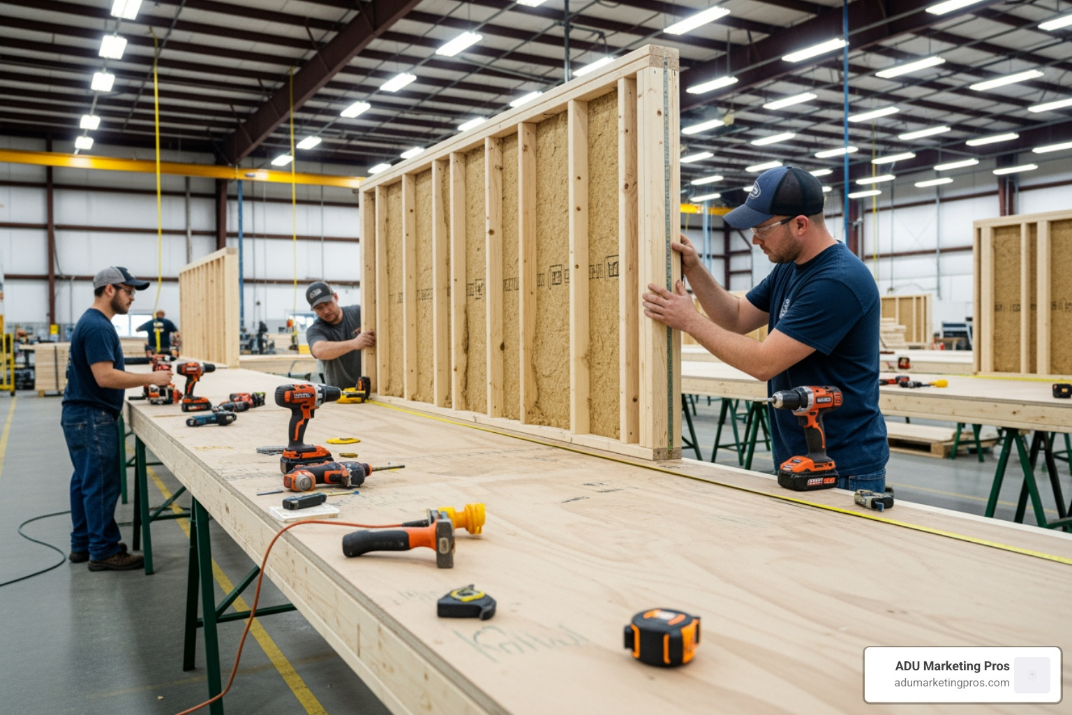 Precision assembly of a modular home wall section in a factory - Prefab ADU floor plans