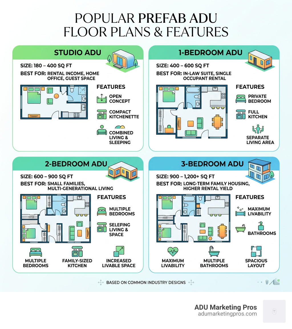 Infographic showing popular prefab ADU floor plan sizes, layouts, and key features by unit type - Prefab ADU floor plans