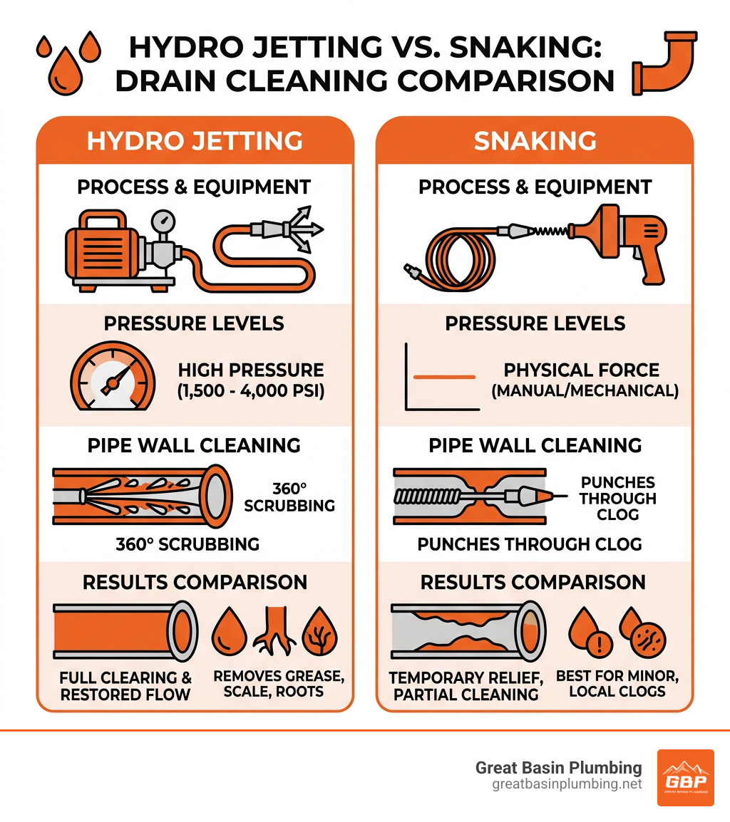 Hydro jetting vs. snaking process infographic showing pressure levels, pipe wall cleaning, and results comparison - hydro