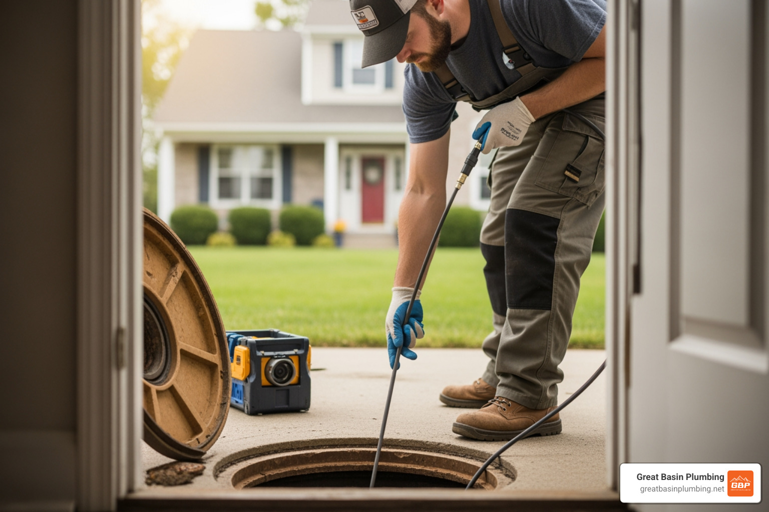 Technician performing a sewer camera inspection on a residential main line - 24 hour sewer cleaning