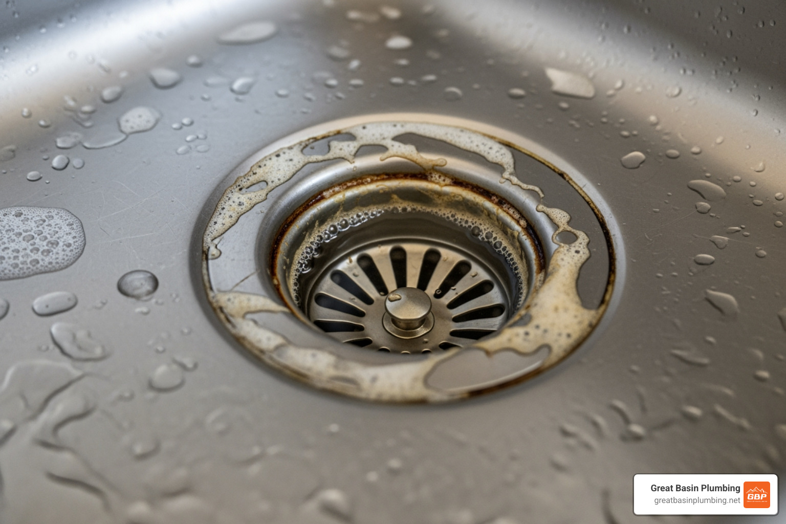 Slow-draining kitchen sink with visible grease buildup around the drain rim - hydro jetting orem utah