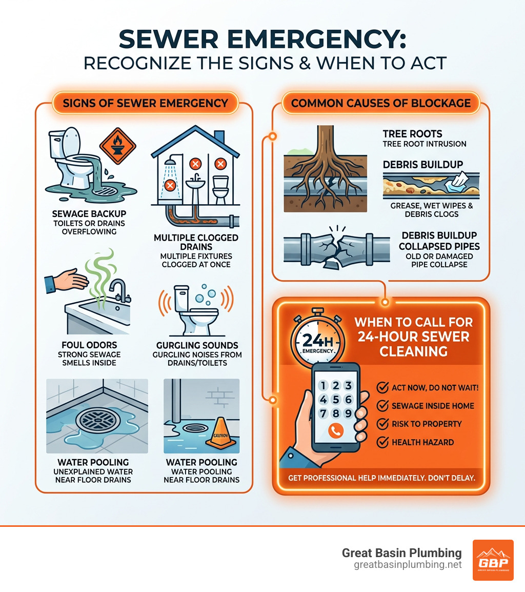 Infographic showing signs of sewer emergency, common causes, and when to call for 24 hour sewer cleaning - 24 hour sewer