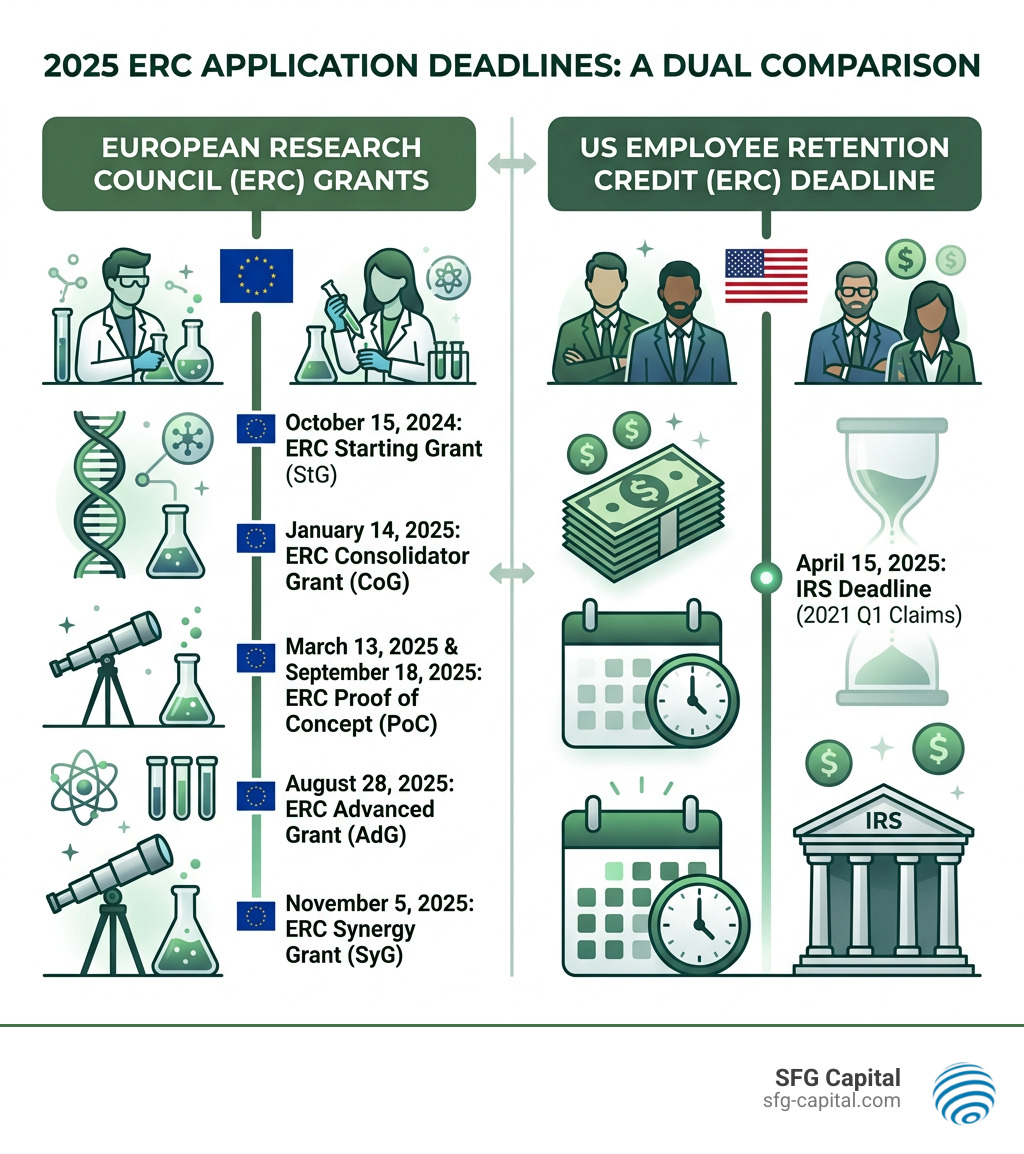 Infographic comparing European Research Council grants vs US Employee Retention Credit ERC deadlines 2025 - 2025 erc