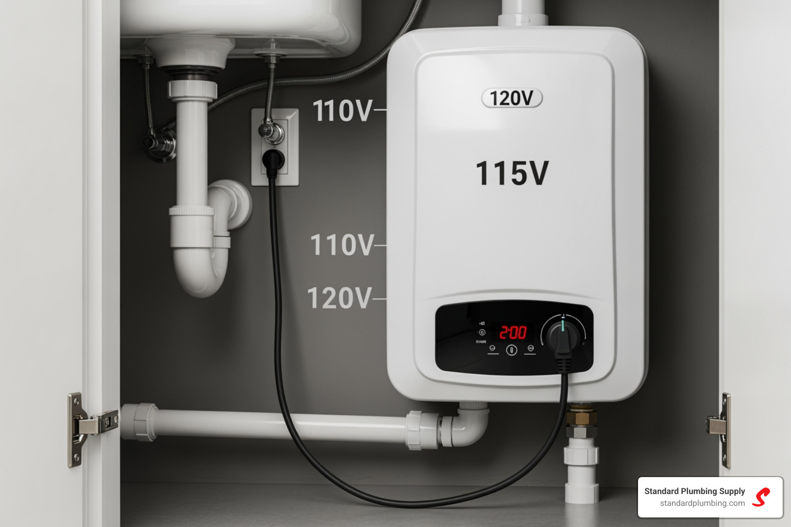 Under-sink installation of a 110V mini-tank water heater showing compact footprint - 110 volt water heater Under-sink installation of a 110V mini-tank water heater showing compact footprint - 110 volt water heater