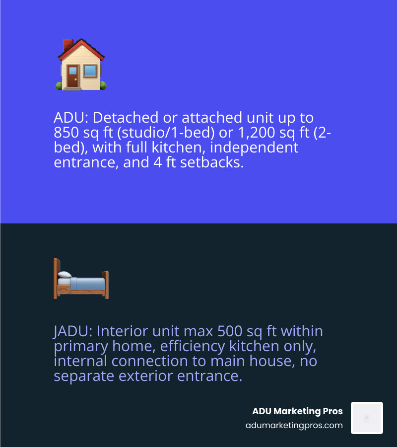 Infographic comparing ADU vs JADU in Marin County: size limits, kitchen requirements, entrance rules - Marin County ADU