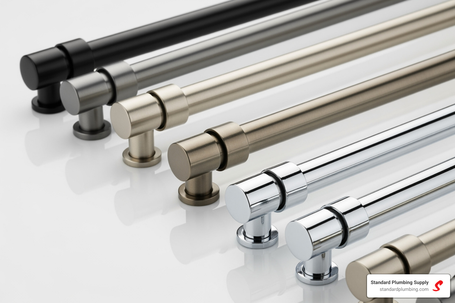 Selection of metal finishes for shower rods including matte black and chrome - adjustable shower rod