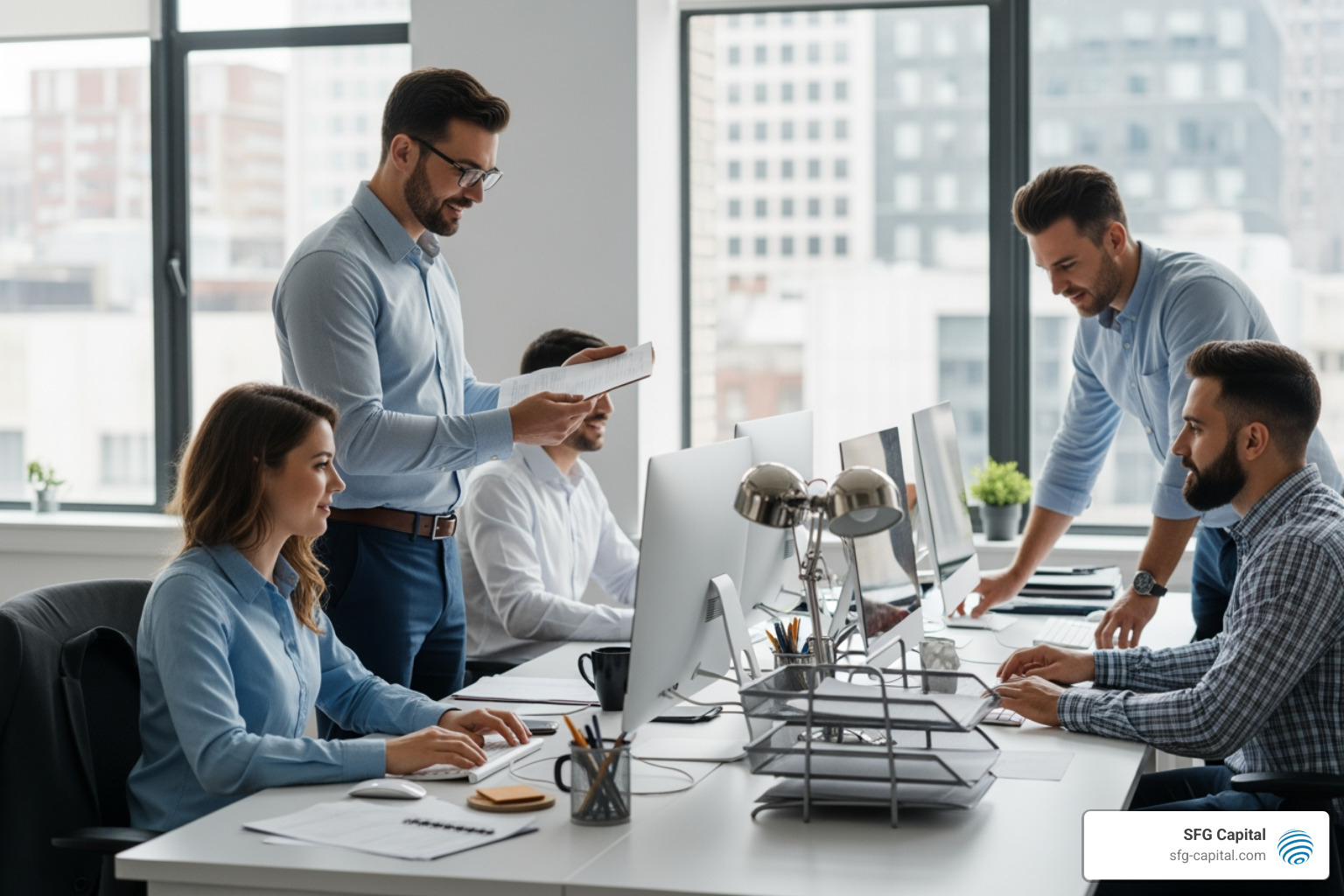 Self-employed business owner working with a small team of W-2 employees in an office setting - how to apply for erc for self