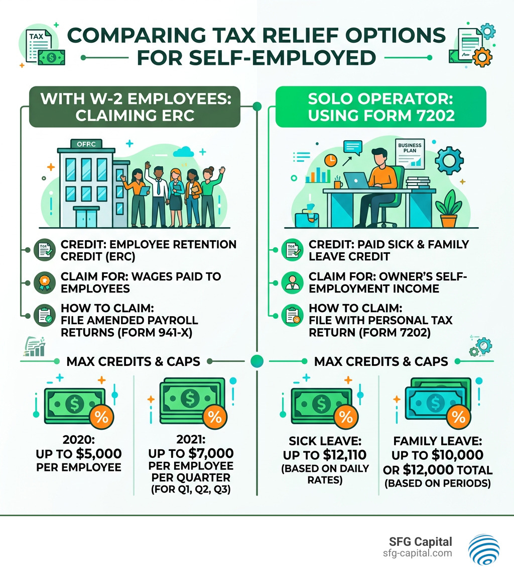 Infographic comparing ERC for self-employed with employees vs Form 7202 for solo operators with credits and caps - how to
