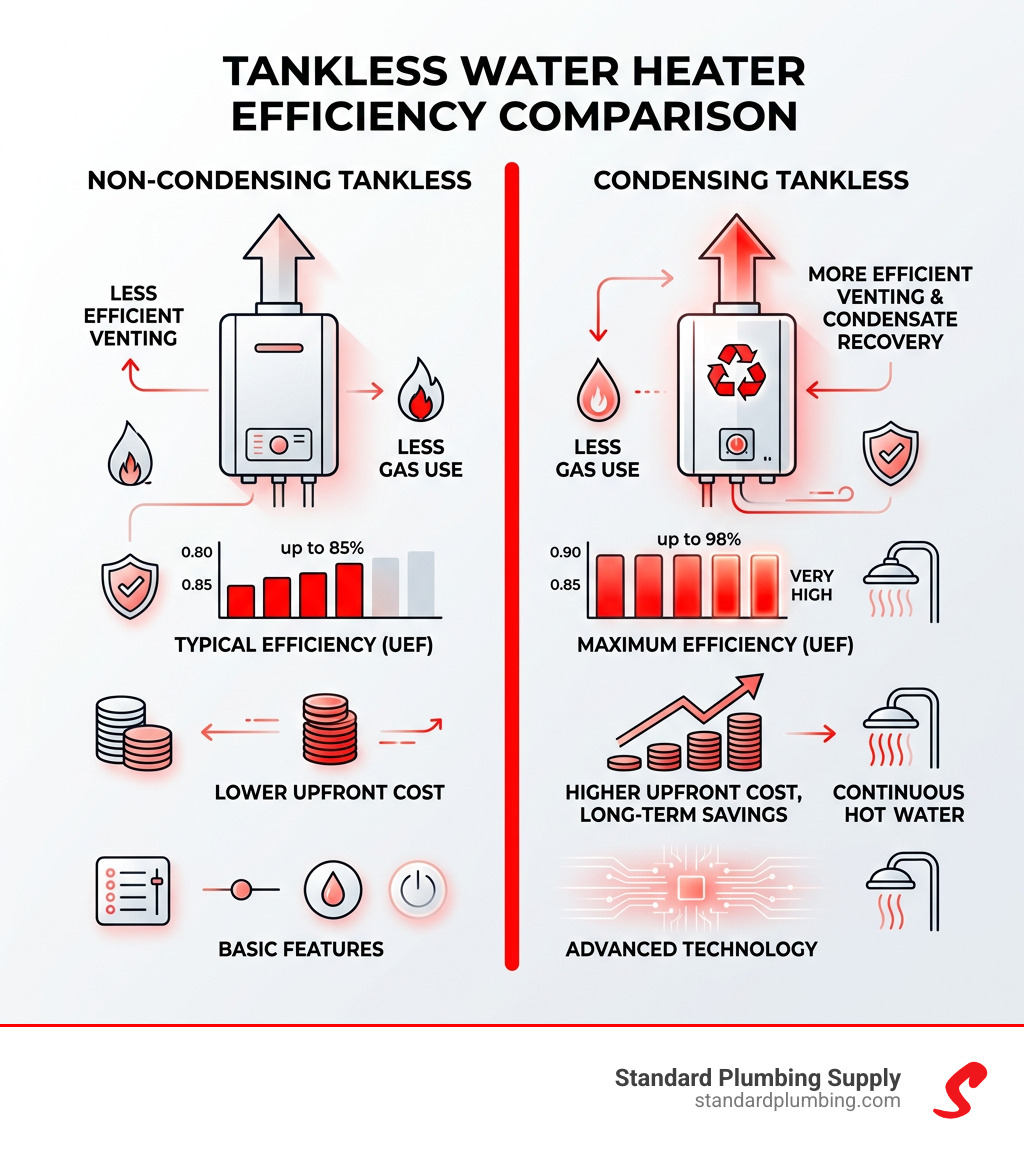 Condensing vs non-condensing tankless water heater efficiency comparison infographic - best condensing tankless water heater Condensing vs non-condensing tankless water heater efficiency comparison infographic - best condensing tankless water heater
