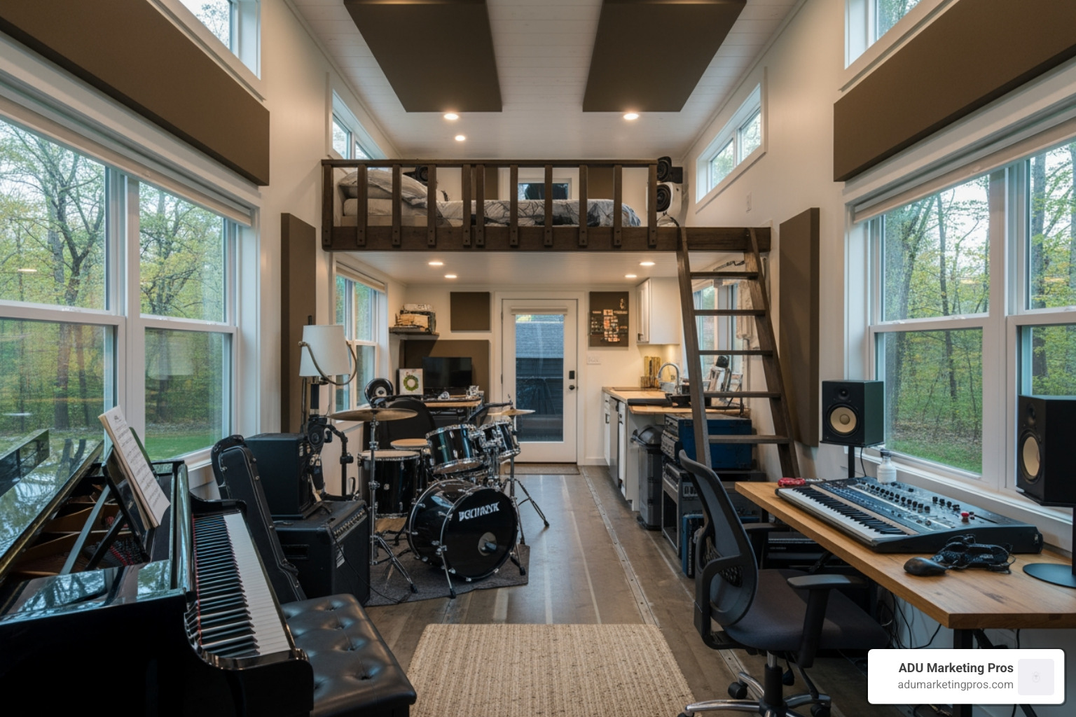 Urban Park Studio model showing the blend of living and workspace - tiny home studio