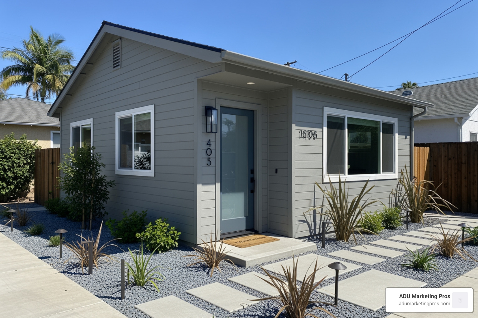 Completed garage conversion ADU showing transformed exterior and landscaping - Cost of ADU Los Angeles
