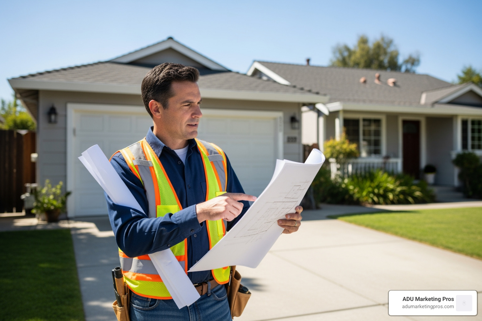 Contractor reviewing architectural blueprints for a garage conversion in a San Jose driveway - bay area garage apartment