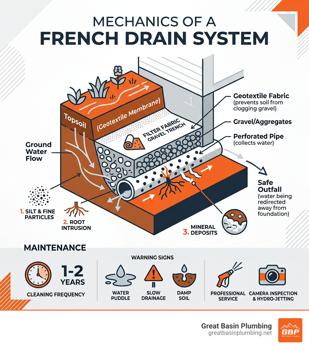 mechanics of a French drain system - french drain cleaning near me infographic mechanics of a French drain system - french drain cleaning near me infographic