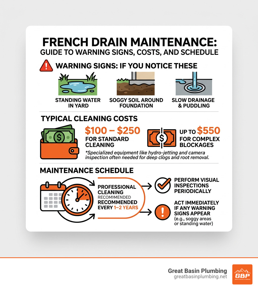 Infographic showing French drain cleaning warning signs, costs, and maintenance schedule - french drain cleaning near me Infographic showing French drain cleaning warning signs, costs, and maintenance schedule - french drain cleaning near me
