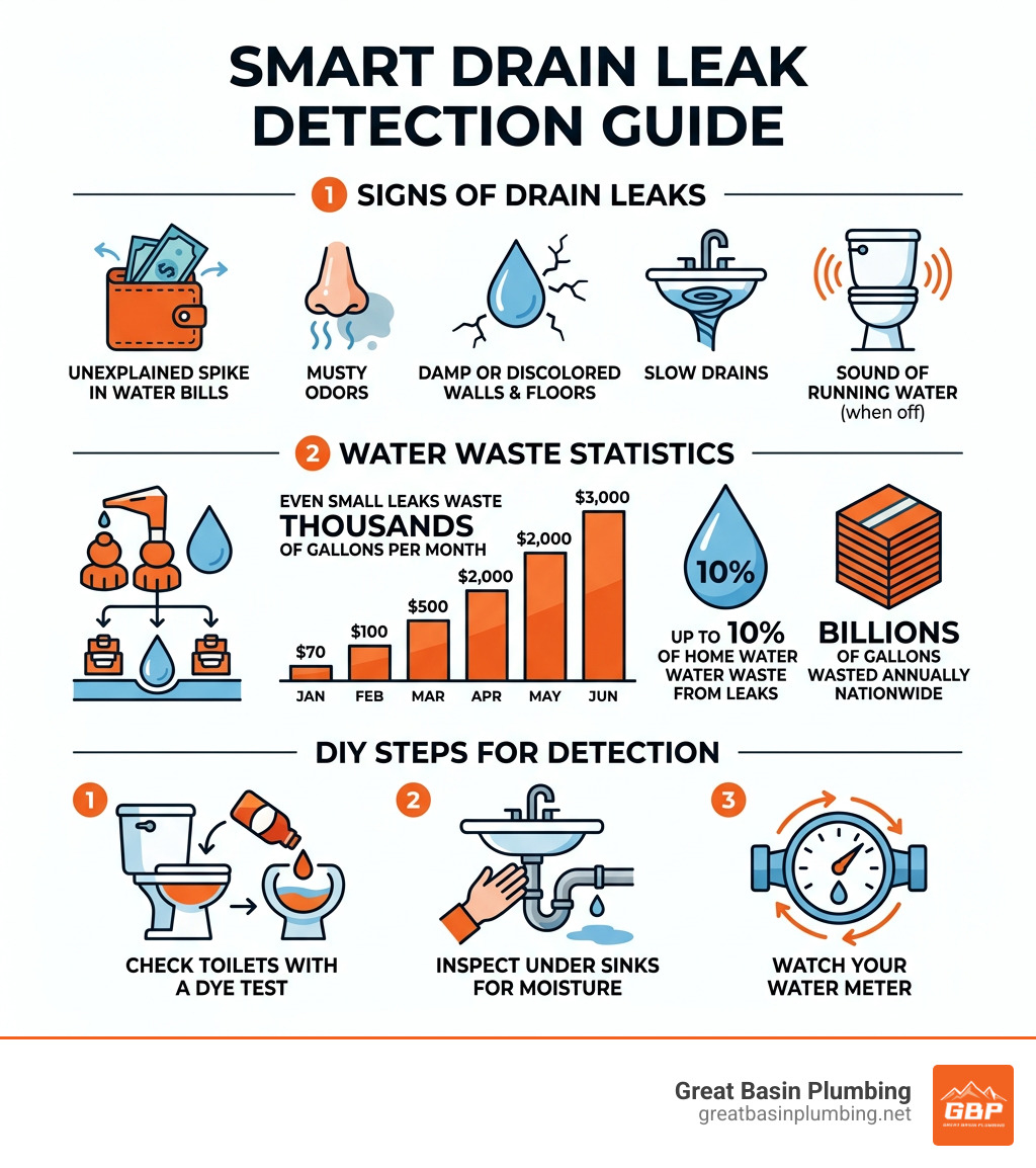 Infographic showing signs of drain leaks, water waste statistics, and steps for detection - drain leak detection infographic 