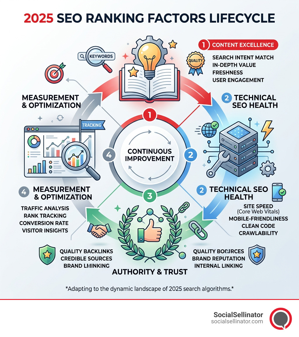 2025 SEO ranking factors lifecycle infographic showing content, technical SEO, authority, and measurement - increase google