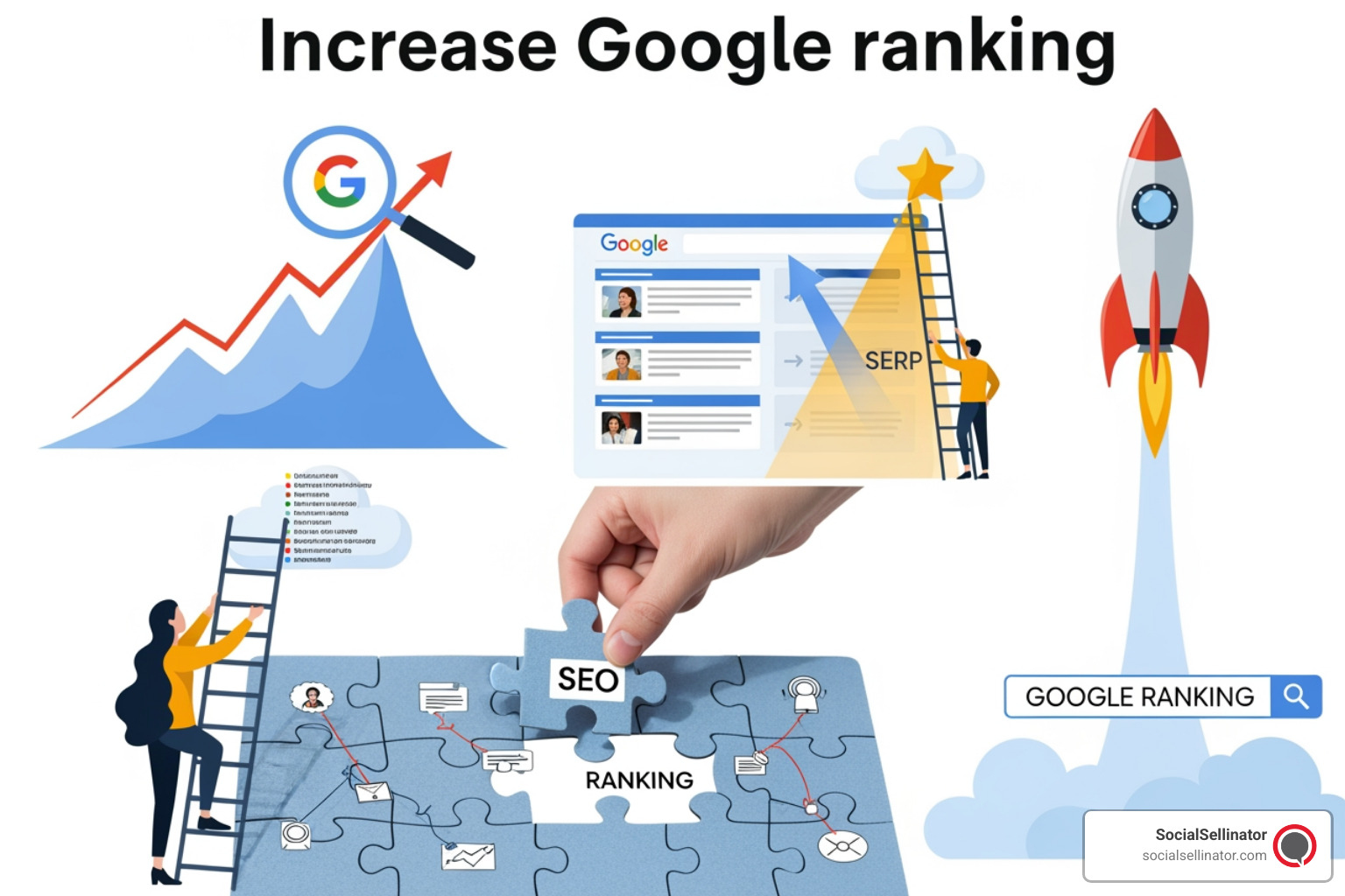 The three pillars of search engine optimization showing Content, Technical SEO, and Authority - increase google ranking