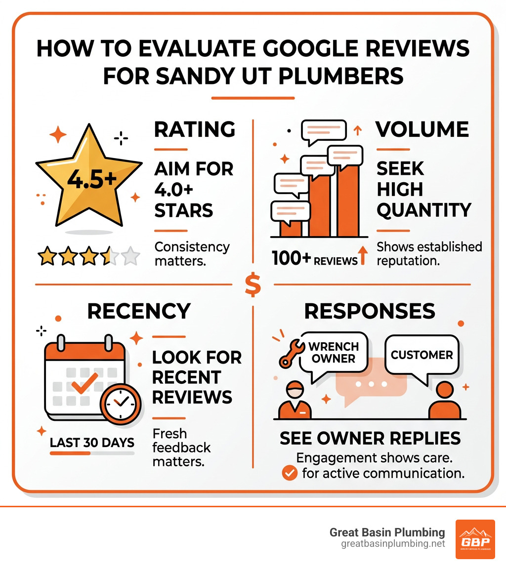Infographic showing how to evaluate Google review scores for Sandy UT plumbers: rating, volume, recency, responses - google