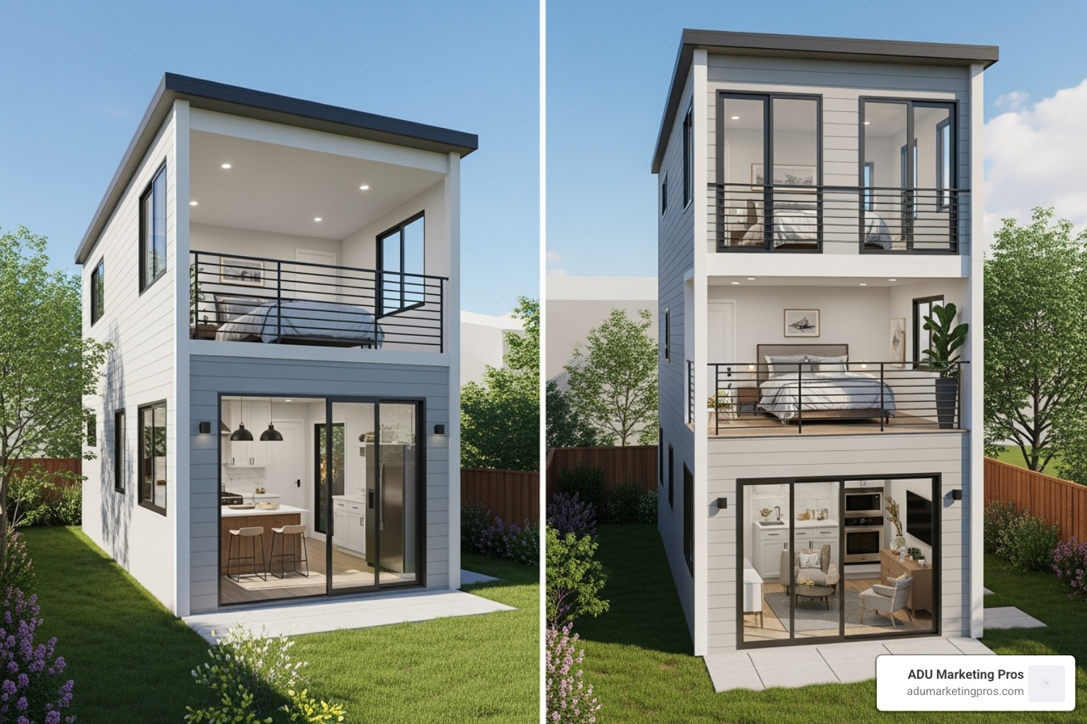 3D architectural rendering of a 1200 sq ft two-story ADU showing ground floor and upper level - 2 story adu 1200 sq ft
