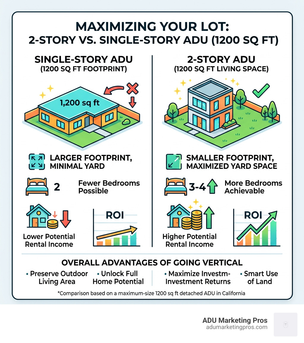 Benefits of 2-story ADU vs single-story: footprint, bedrooms, rental income, yard space, ROI comparison - 2 story adu 1200