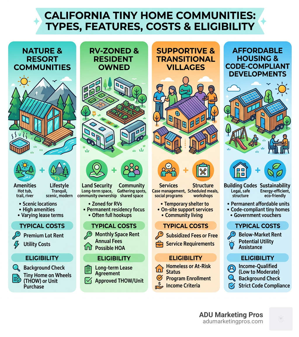 Infographic showing types of California tiny home communities, key features, costs, and eligibility requirements - tiny home Infographic showing types of California tiny home communities, key features, costs, and eligibility requirements - tiny home