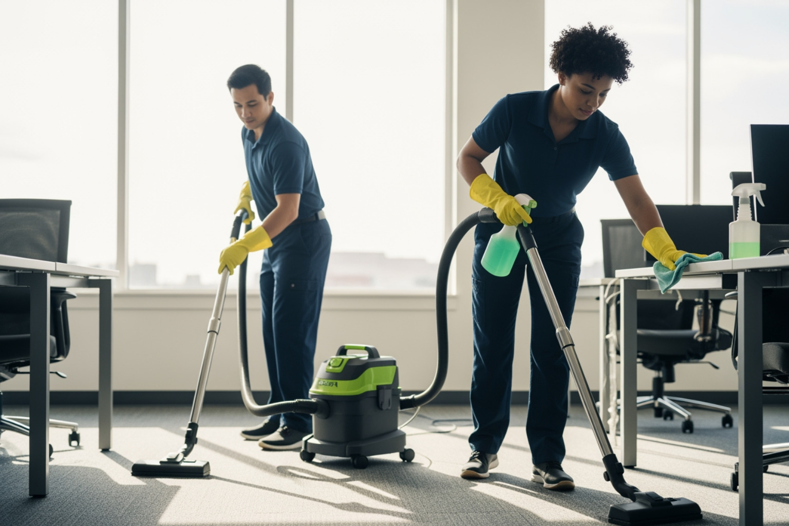 professional eco-cleaning team in a modern office reducing VOC levels - eco commercial cleaning