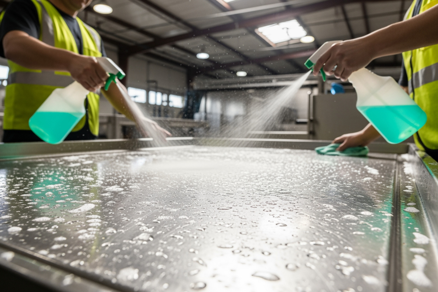 industrial strength eco-friendly cleaning agents on a stainless steel surface - eco commercial cleaning
