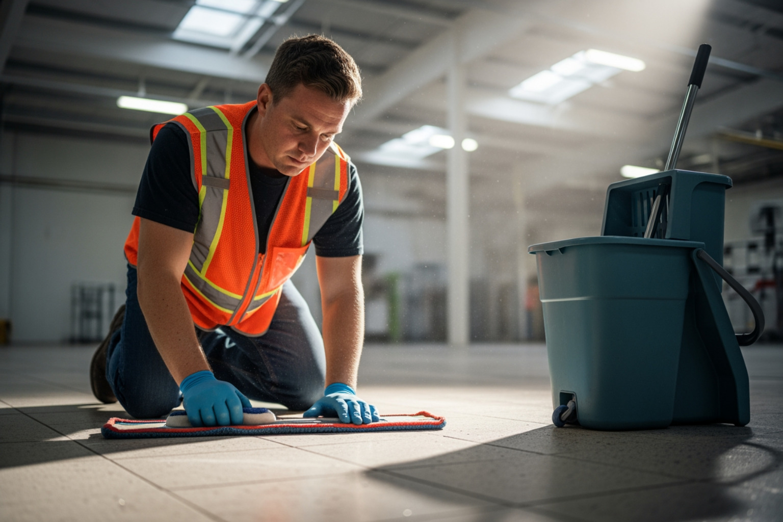 professional technician applying high-grade floor finish to commercial tile - wax floor company