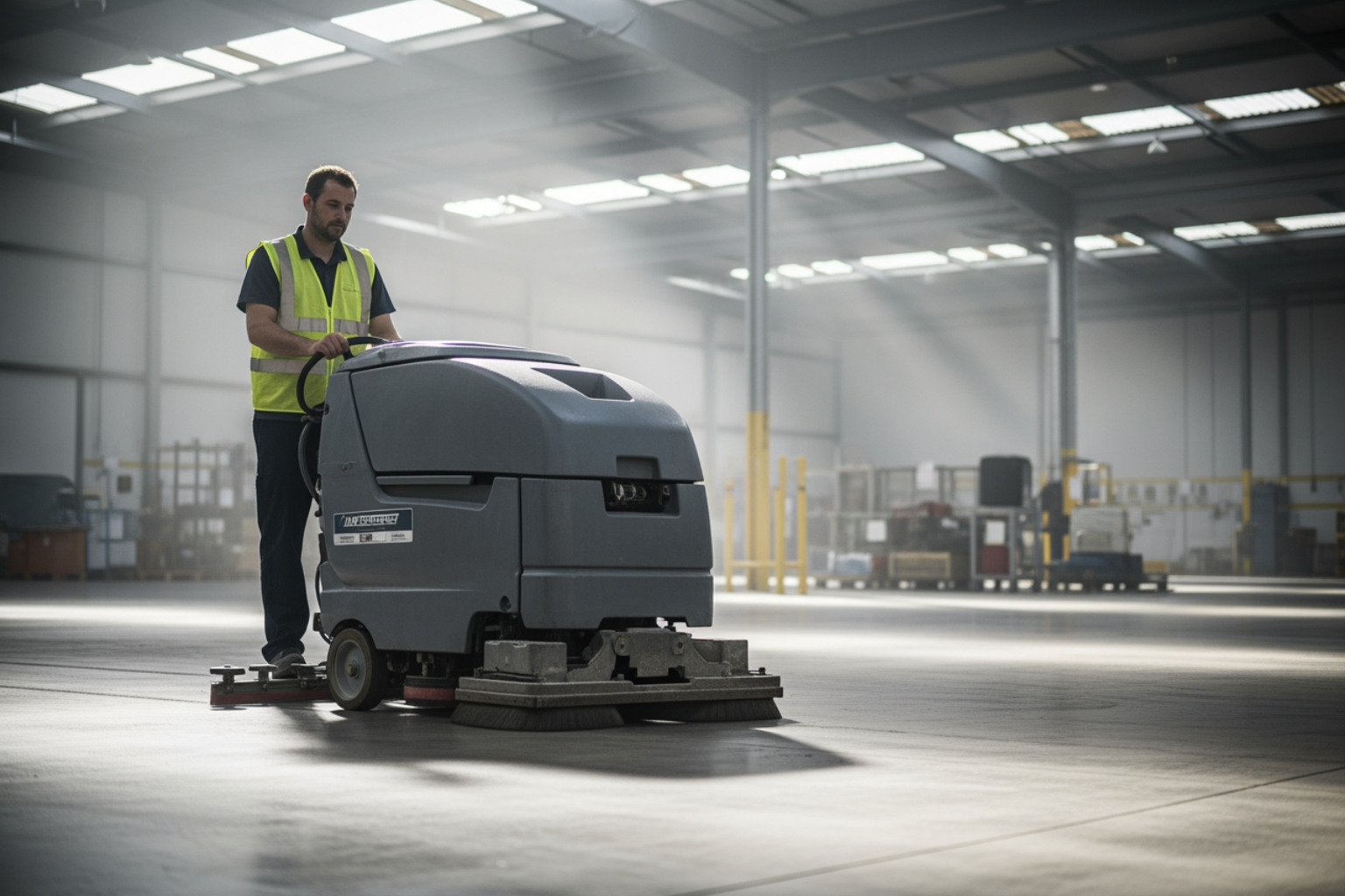 industrial floor scrubber being operated on a concrete warehouse floor - quality janitorial service