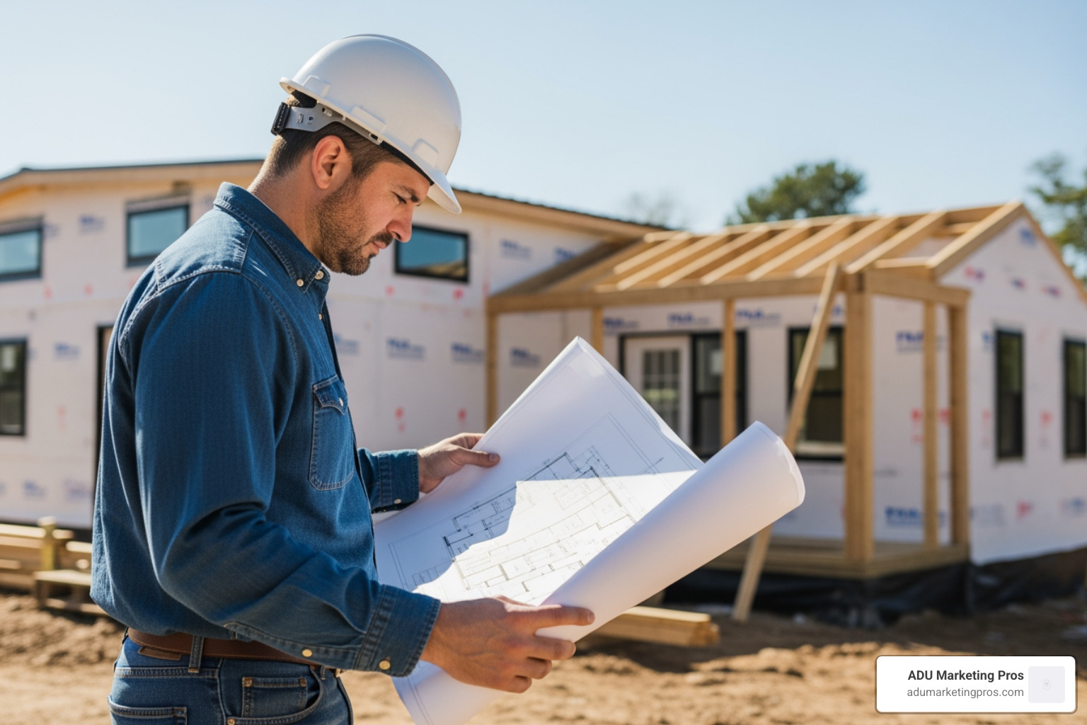 Contractor reviewing architectural blueprints for a tiny house on a construction site - nc building code for tiny houses pdf Contractor reviewing architectural blueprints for a tiny house on a construction site - nc building code for tiny houses pdf