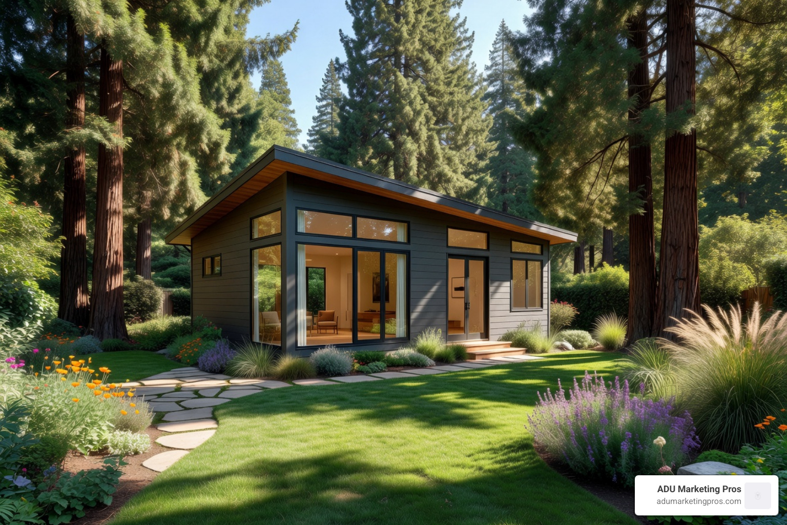 Custom detached ADU in a Menlo Park backyard featuring modern siding and large windows - custom adu designs menlo park
