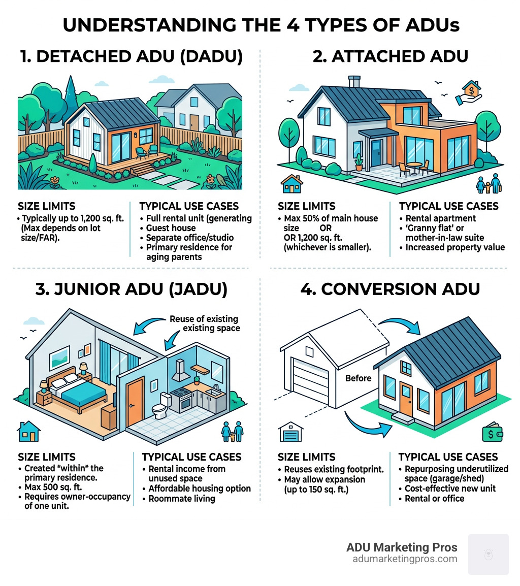 Infographic explaining the four types of ADUs: Detached, Attached, JADU, and Conversion with size limits and typical use