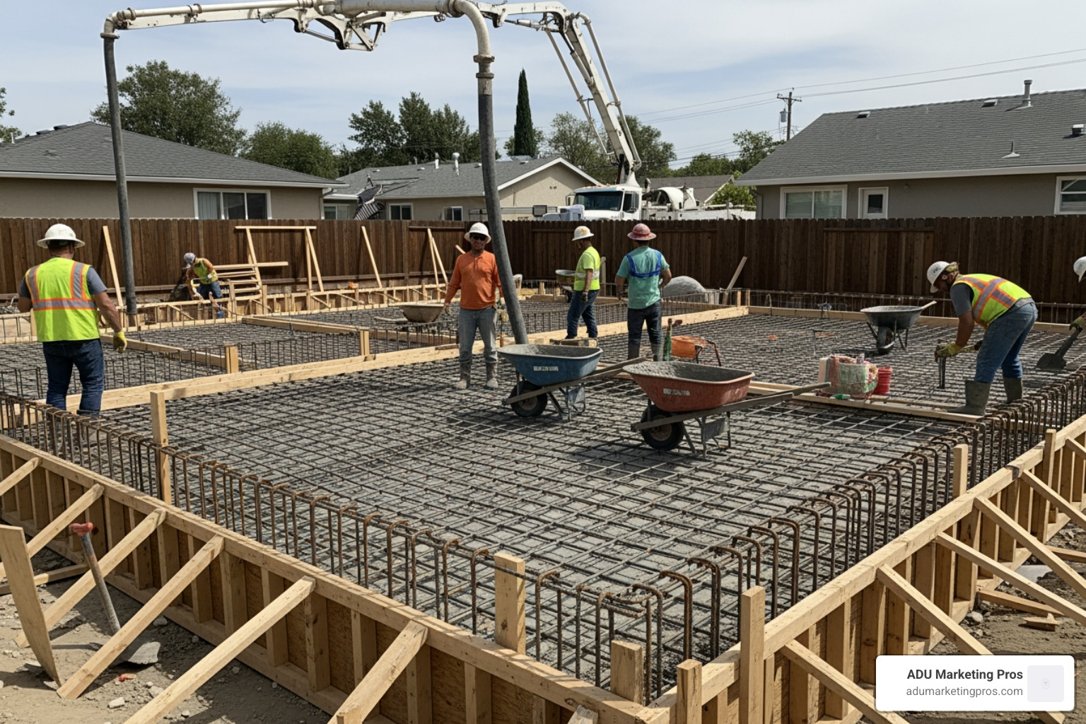 Construction site showing the initial stages of a concrete slab foundation for a new secondary dwelling - backyard grannys