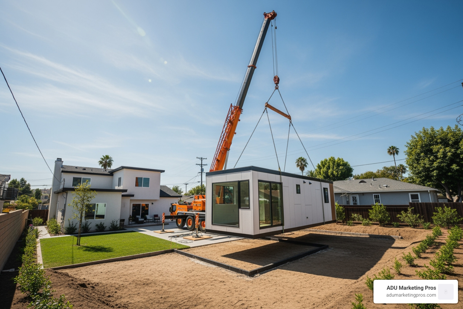 crane lifting a modular ADU unit into a residential backyard lot in Los Angeles - premade adu california