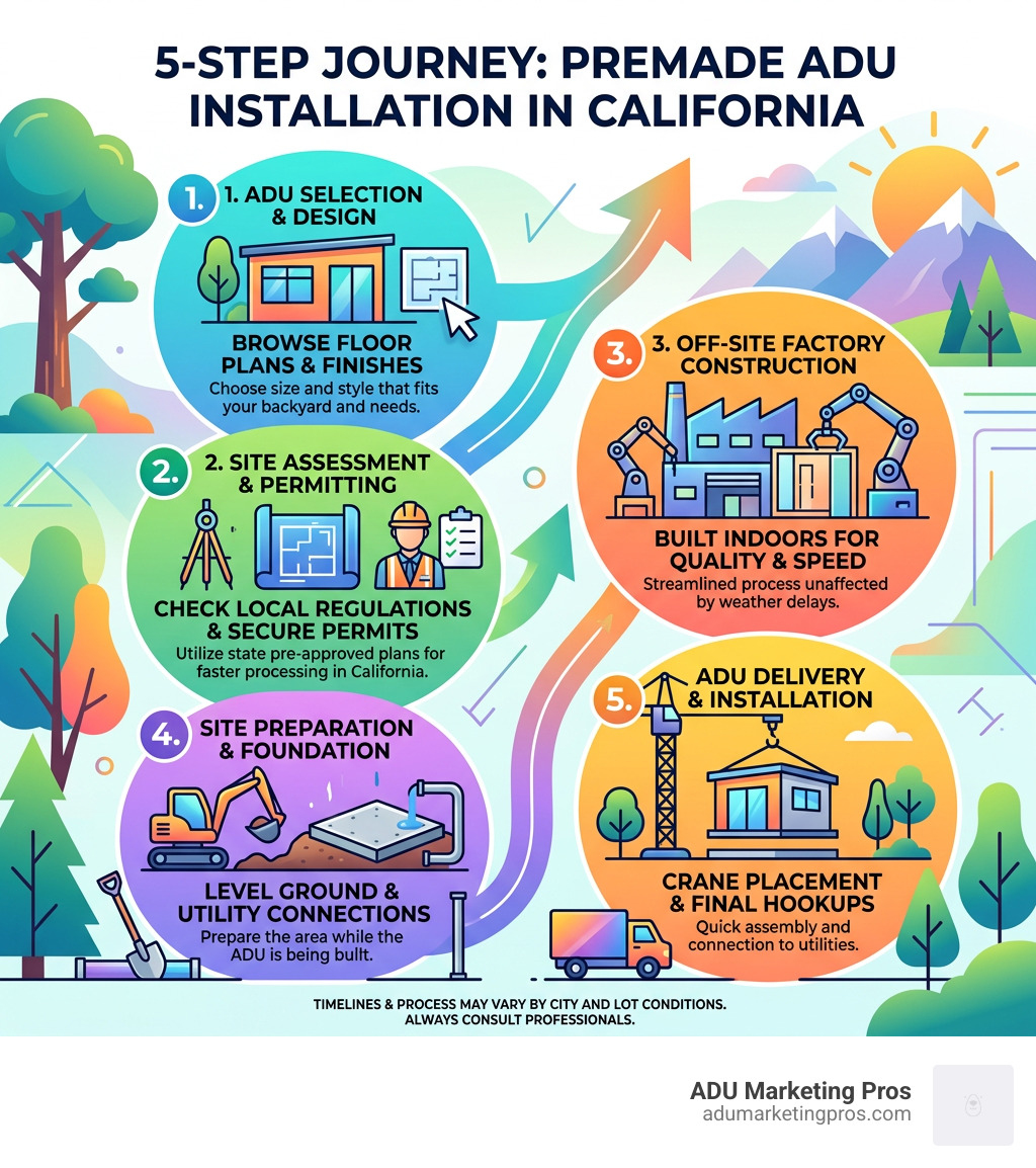 5-step journey from selecting a premade ADU to final installation in California - premade adu california infographic 
