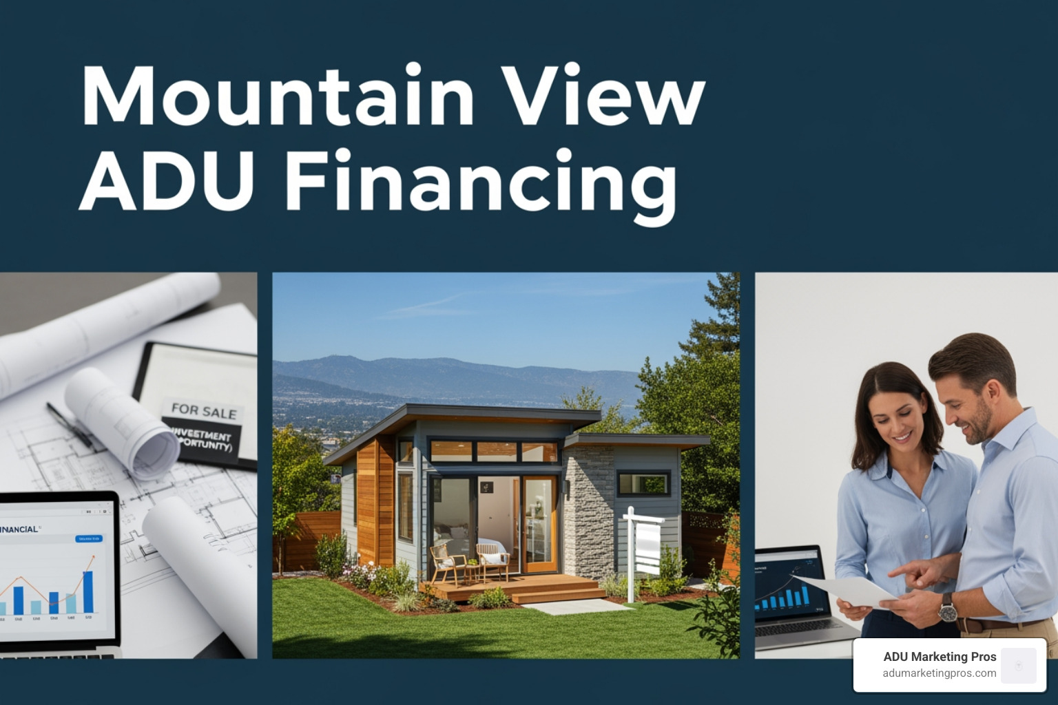 Architectural blueprint for a 1,200 square foot detached ADU in Mountain View showing floor plan and site placement