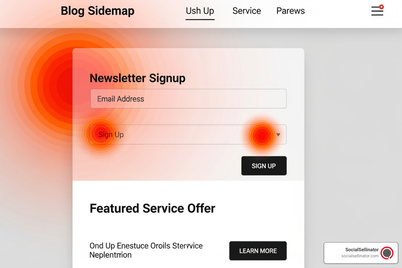 A heatmap of a blog sidebar showing high user interaction on a newsletter signup form and a featured service offer.