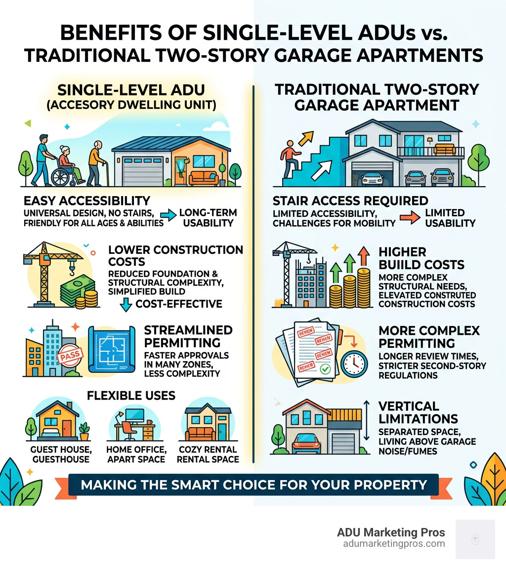 Benefits of single-level ADUs versus traditional two-story garage apartments infographic - single story garage with living Benefits of single-level ADUs versus traditional two-story garage apartments infographic - single story garage with living