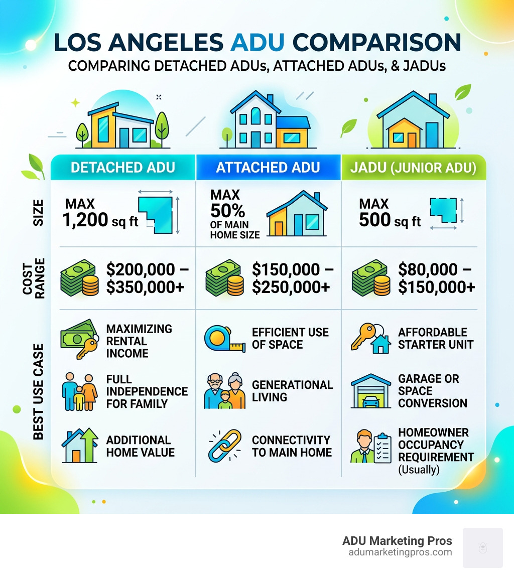 Infographic comparing Detached ADUs, Attached ADUs, and JADUs by size, cost, and best use case in Los Angeles - building an